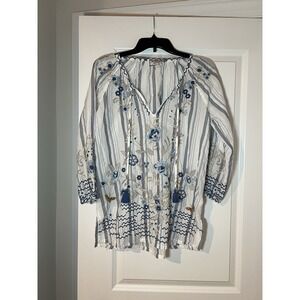 JOHNNY WAS White/Blue Embroidered 3/4 Sleeve Blouse Size XS Boho Chic